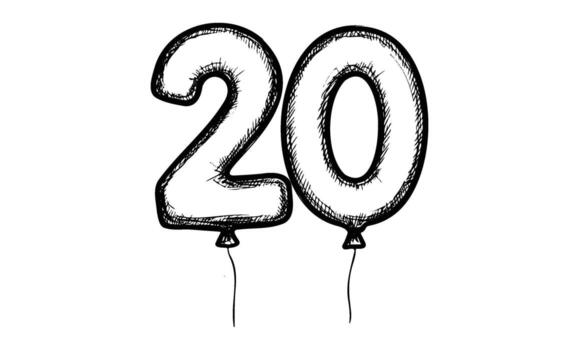 Black and white balloon number 20 sketch with string illustration vector