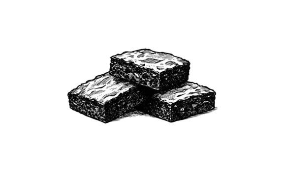 Hand-drawn sketch of three stacked chocolate brownies with nuts on top vector