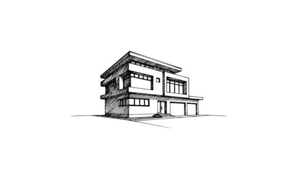 Modern minimalist two-story house sketch with geometric lines and large windows vector