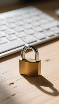 Cybersecurity Concept Golden Lock on Desk Near Keyboard photo