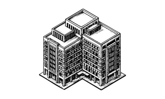 intrincado dibujado a mano isométrica bosquejo de moderno de varios pisos edificio vector