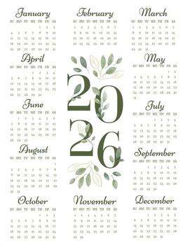 2026 year calendar vertical page template. Week Start on Sunday. Diary monthly planner of elegant watercolor foliage design vector