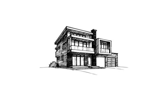 Modern architectural sketch of a two-story house with garage and large windows vector