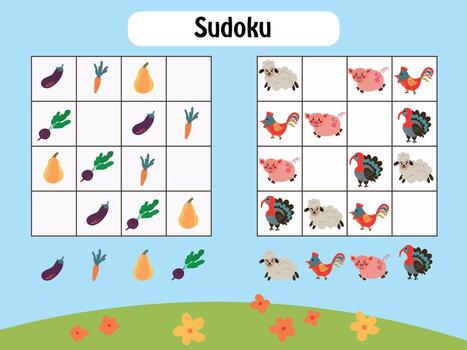 sudoku juego con vegetales y granja animales vector