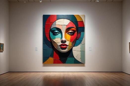 A large painting of a woman's face on display in an art gallery photo