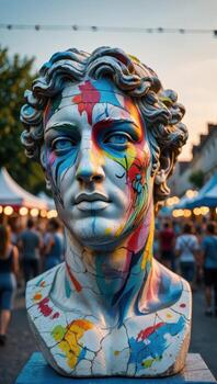 A colorful statue of a man with a face painted with different colors photo