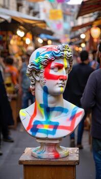 A statue of a man with a colorful face photo