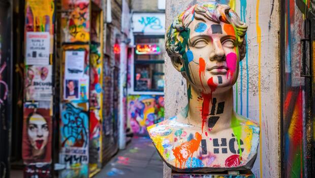 A bust of a man is covered in colorful paint photo
