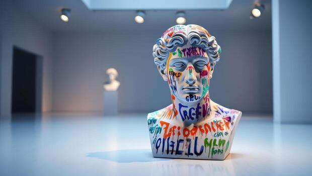 A bust of a man with colorful words written on it photo