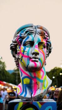 A colorful statue of a man with graffiti on it photo