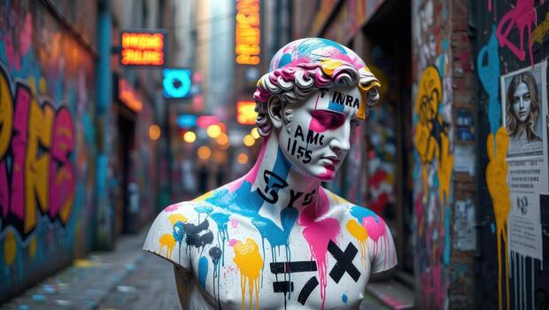 A statue is painted with colorful graffiti on the side of a building photo