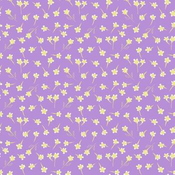Seamless pattern with tiny yellow blossoms and delicate leaves on a soft purple background. Template for textiles, wrapping paper, stationery, and spring designs vector