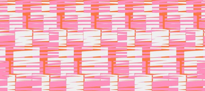 Seamless abstract pattern with geometric rectangles and textured lines in bright pink, orange, and white. Modern decorative background for fabric, wrapping, and design vector