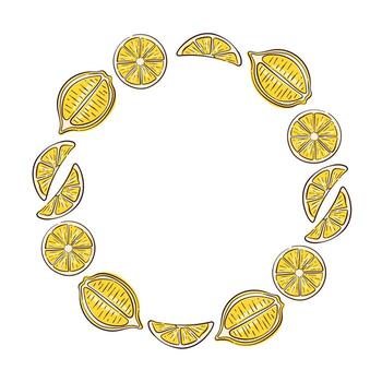 circular marco de plano estilo limón rebanada en blanco antecedentes para comida paquete. vector