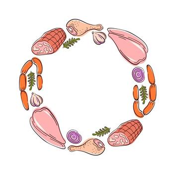 Circular frame of assorted meat product, sausage, ham, chicken, drumstick, garlic, onion and herbs arranged on a white background in flat style. vector