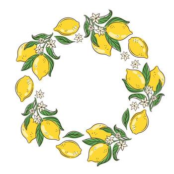 Decorative wreath with yellow lemon with green leaf and white flower arranged in a circular frame on a white background in botanical illustration flat style for postcard, package, wedding invitation. vector