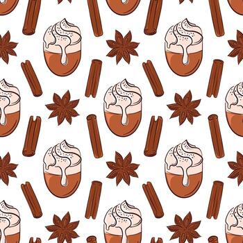 Seamless pattern with cinnamon stick star anise and latte cup topped with cream and spice drawn in flat style. Perfect for delivery package, bakery wallpaper and spice shop background. vector