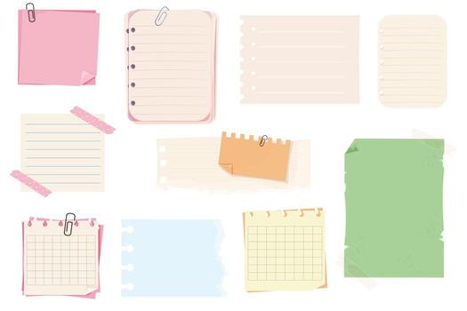 Set notes, memo pages with paper clip and adhesive tape. Sticky remind blanks, sheets, stickers. Checklist ripped torn edge paper. vector