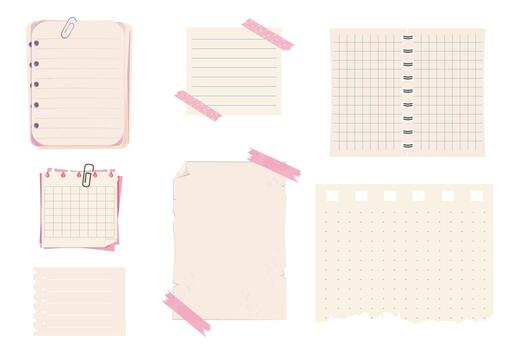 Different notes, memo pages with paper clip and adhesive tape. Set sticky remind blanks, sheets, stickers. Checklist ripped torn edge paper. vector
