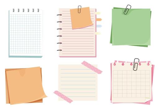 Note papers, set memo pages with paper clip and adhesive tape. Set sticky remind blanks, sheets, stickers. Checklist ripped torn edge paper. vector