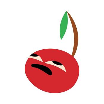 Cheerful Cherry with Expressive Face Isolated Illustration. The cherry character features a bright red color with a green stem and leaf, conveying a fun and playful mood. vector