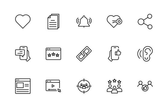 blogging Delgado línea iconos correo, social medios de comunicación, comunidad, contenido, sitio web, intercambio, crear, opinión. negocio concepto. infografía en línea estilo icono. vector