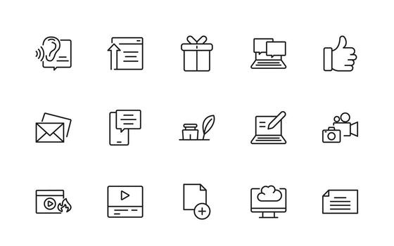 blogging Delgado línea icono colocar. correo, social medios de comunicación, comunidad, contenido, sitio web, intercambio, crear, opinión. negocio concepto. infografía en línea estilo icono colocar. vector