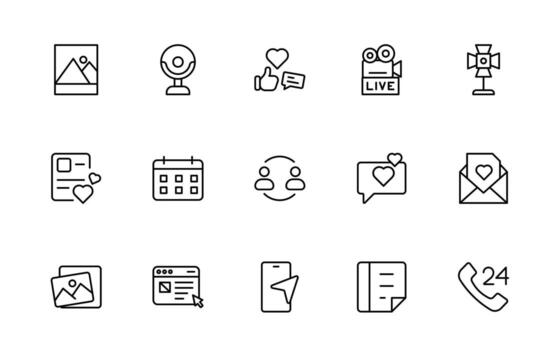 blogging línea icono colocar. correo, social medios de comunicación, comunidad, contenido, sitio web, intercambio, crear, opinión. negocio concepto. infografía en línea estilo icono. vector