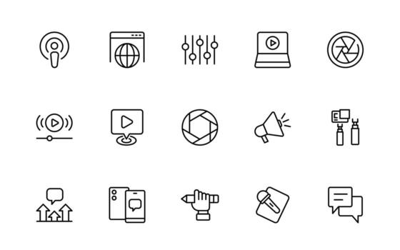 blogging con iconos correo, social medios de comunicación, comunidad, contenido, sitio web, intercambio, crear, opinión. negocio concepto. infografía en línea icono estilo. vector