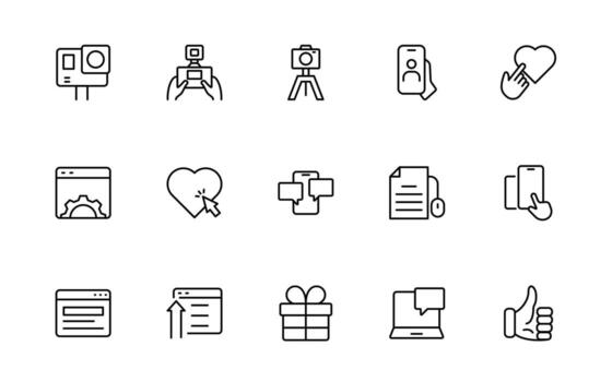 blogging línea iconos correo, social medios de comunicación, comunidad, contenido, sitio web, intercambio, crear, opinión. negocio concepto. infografía en línea estilo icono. vector