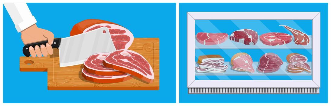 Meat cutting and butcher shop display vector