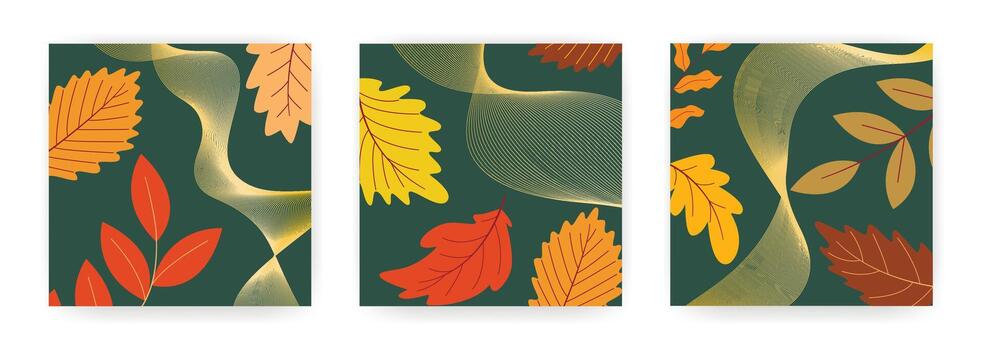 Set of square autumn templates. Cozy atmospheric seasonal backgrounds with colorful leaves. Fall mood frames, graphics vector