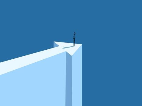 a man standing on top of a mountain with an arrow pointing down vector