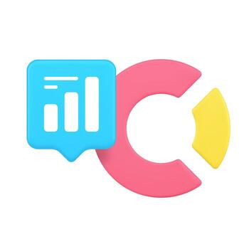 3d realista icono de azul tarta gráfico y amarillo bar grafico dentro habla burbuja para datos analítica vector