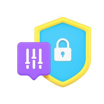 3d Realistic Icon Of Yellow Shield With Blue Lock And Purple Settings Sliders For Security Configuration vector