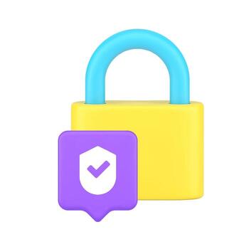 3d Realistic Icon Of Yellow Padlock With Blue Handle And Purple Shield For Security Verification vector