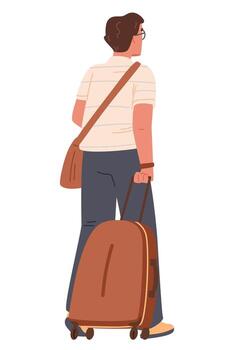 Man pulling a suitcase view from the back flat illustration isolated on white. vector