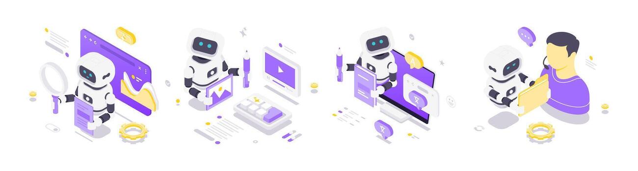 robots assisting in digital tasks vector