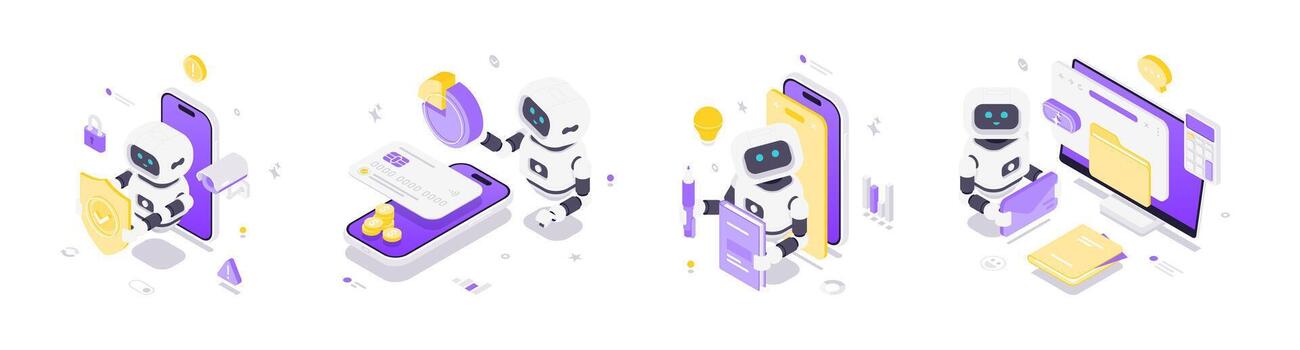 futurista isométrica ilustración de artificial inteligencia robots en digital tecnología concepto vector