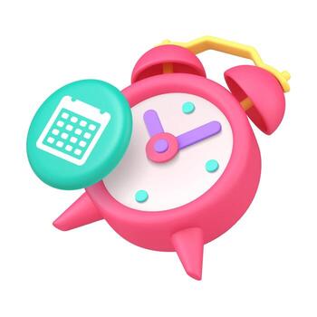 3D Realistic Icon Pink Alarm Clock And Blue Calendar Symbol For Time Management And Scheduling vector