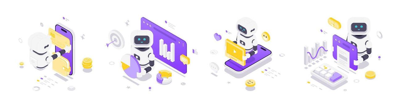 moderno isométrica ilustración de artificial inteligencia robots en digital financiero analítica vector