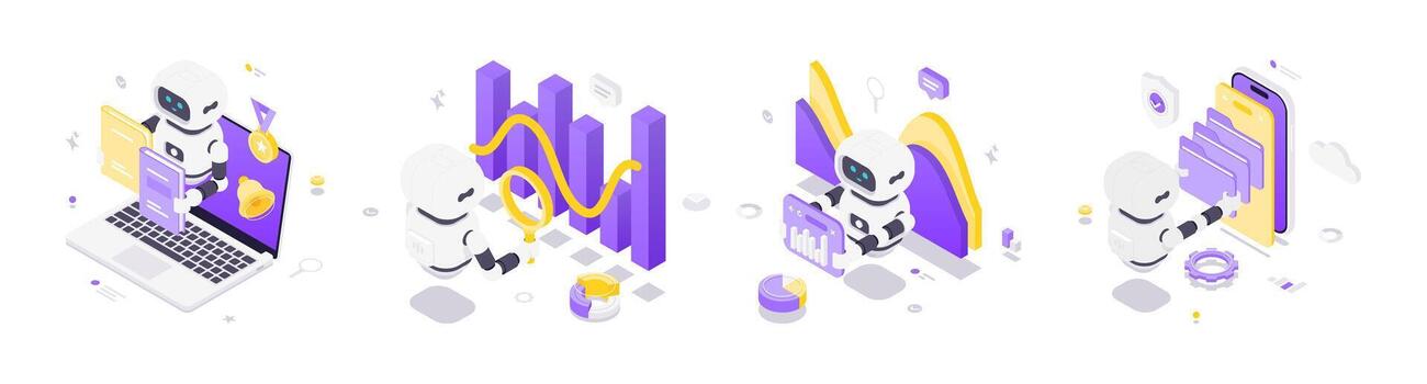 Robot analyzing data and graphs vector