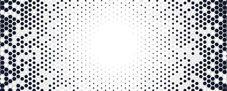 Hexagon honeycomb shapes form gradient halftone pattern radiating toward center, creating abstract futuristic geometric background. illustration vector