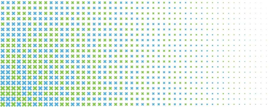 Blue green cross pattern halftone gradient background, density fade texture, calm tech vibe. Abstract geometric medical science lab backdrop, use web, app, slide, banner, packaging. BG vector