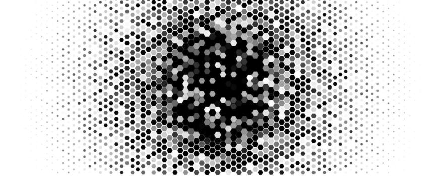 hexágono trama de semitonos explosión, denso centro, desvanecerse a blanco, tecnología onda. panal mosaico, radial movimiento. tecnología, ciencia, datos temas utilizar para bandera, encabezamiento, embalaje. geométrico estilo bg. ilustración. vector