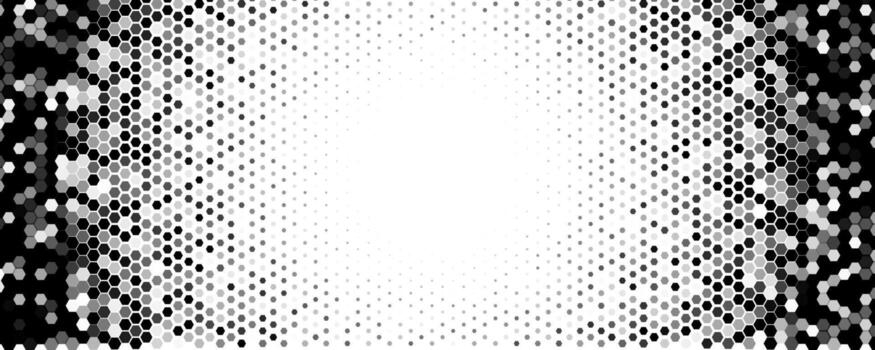 Hexagon Halftone Background With Copy Space, Monochrome Honeycomb Gradient Frame For Tech, Science, Business, Poster, Banner, Web. Illustration. vector