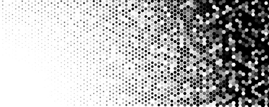 hexágono trama de semitonos antecedentes en negro y blanco degradado, panal mosaico modelo para tecnología, futurista bandera, póster y moderno marca. ilustración. vector