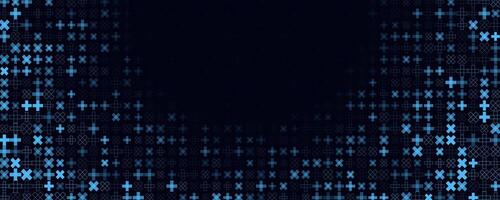 azul más cruzar íconos rodear centrar degradado antecedentes en tecnología onda. frontera marco textura para salud, datos, ciber en bandera, encabezamiento, cubrir, deslizar, aplicación moderno geométrico bg. ilustración. vector