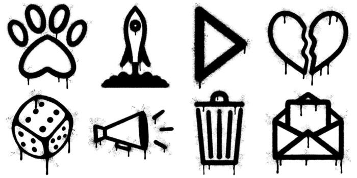 Urban graffiti stencil designs in black spray paint featuring a paw print, rocket launch, play button, broken heart, dice, megaphone, trash can, and envelope. vector