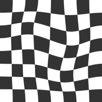 Warped chess board background. Checkered optical illusion. Psychedelic pattern with distorted black and white squares. Race flag or plaid texture. Trippy checkerboard surface vector